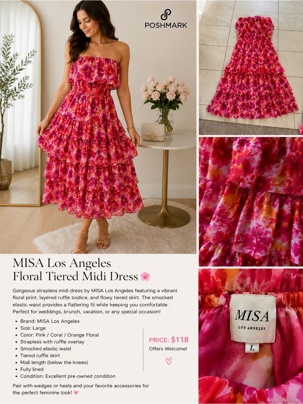 MISA Los Angeles Strapless Tiered Floral Midi Dress - Pink/Coral